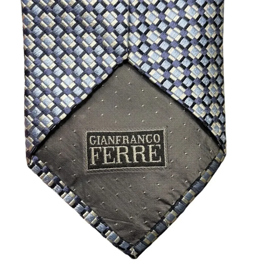 Gianfranco Ferre Silk Tie Blue Silver Geometric Square Pattern Made in Italy